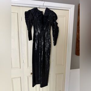 Vintage Loris Azzaro Paris Black Sequin Gown Ruffle Shoulder Dress